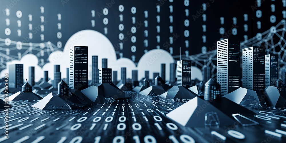 Poster modern digital city skyline with binary code and abstract structures at dusk showcasing technology a