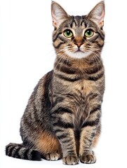 A brown tabby cat sitting upright with alert green eyes, isolated on a white background