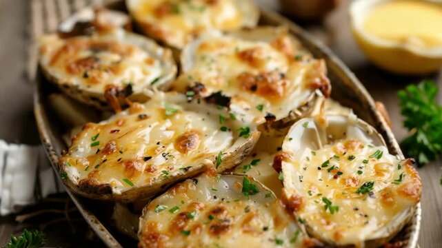 Baked oysters with melted cheese