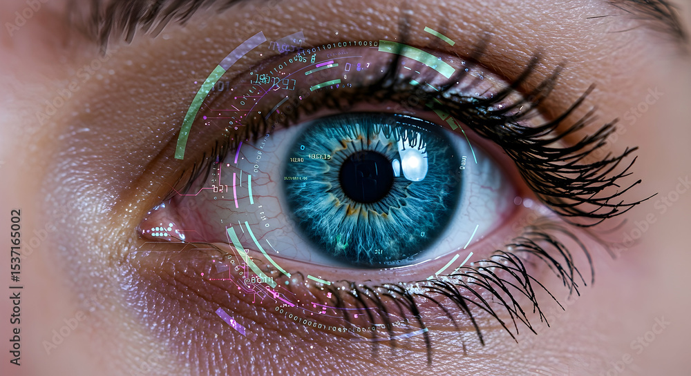 Poster closeup of a blue eye with abstract digital overlay