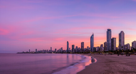 Coastal City Skyline at Sunset with Pink and Purple Hues
