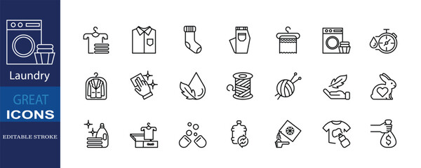 This laundry icon set features 21 editable stroke . It includes clothes, washing machines, cleaning tools, natural fabrics. Ideal for laundry services, and sustainable washing product packaging.
