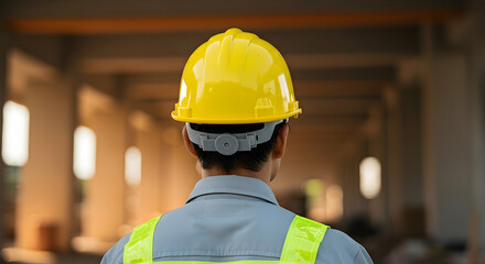 Construction Worker in Yellow Hard Hat at Building Site