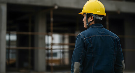 Construction Worker in Yellow Helmet at Building Site