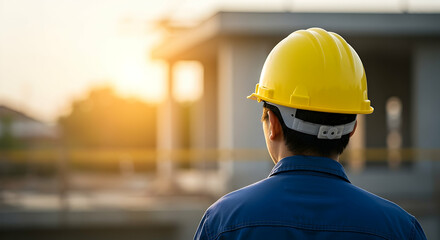 Construction Worker in Yellow Hard Hat at Sunset Construction Site