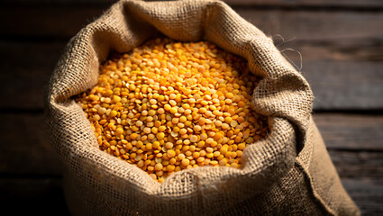 Yellow Lentils in Burlap Sack on Wooden Background