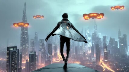 Silhouette of a man in a raincoat jumping from a rooftop with drones flying in the background of a futuristic city. In the style of cyberpunk - Powered by Adobe