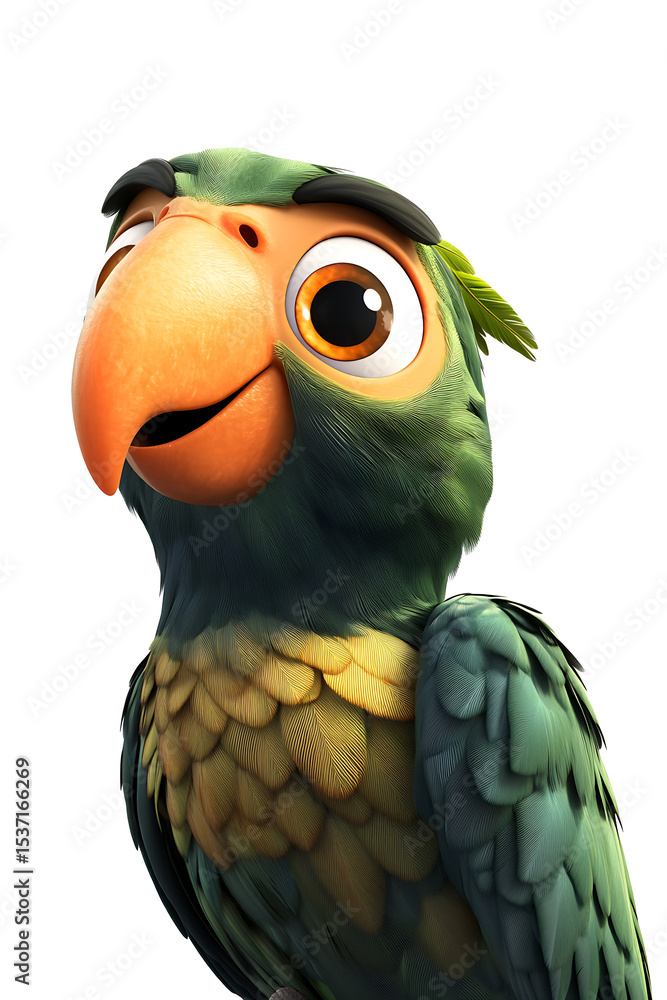 Poster colorful animated parrot character with expressive features against a plain background