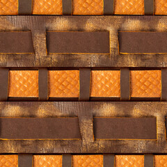 Seamless 4k photo texture material of worn brown leather strap surface with leather strap inserts.