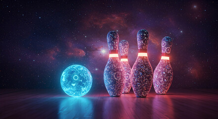 Cosmic Bowling Pins and Glowing Ball in a Starry Night Sky