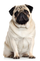 Obraz premium A friendly pug sits patiently, showcasing its round face and curious eyes in a warm indoor atmosphere