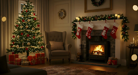 Cozy Christmas Living Room with Fireplace and Decorated Tree