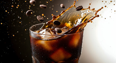 Dark Brown Iced Coffee Splashing with Coffee Beans in Rocks Glass