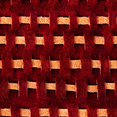 Seamless 4k photo texture material of red suede leather pattern with leather strap inserts.