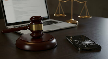 Dark Wooden Gavel Scales Laptop And Cracked Smartphone On Dark Desk
