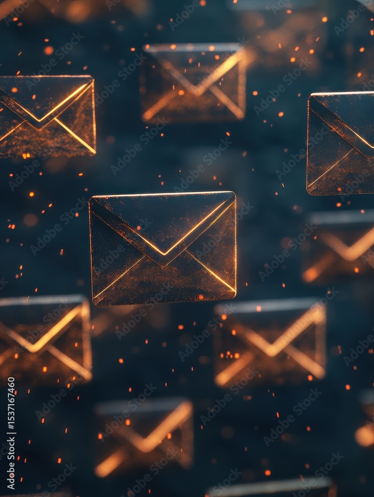 Aufkleber close-up of a digital inbox filled with urgent-looking notification emails, highlighting words like 