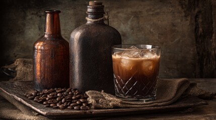 Karsk: A studio shot traditional Norwegian drink filtered coffee moonshine bold rustic.