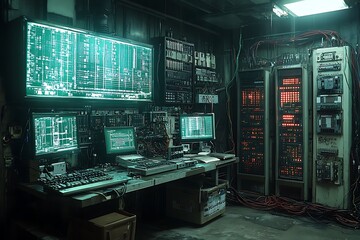 A detailed depiction of a cyberpunk data center filled with servers and monitors