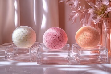 Three Pastel Colored Textured Bath Sponges on Glass Displays Beauty and Spa Concept