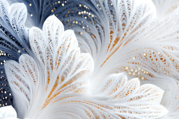 Delicate 3D lace structure in leaf shape with golden light dots on a bright background in abstract depth. Golden dots and shadows create spatial effect and visual magic