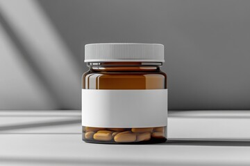 Amber Glass Pill Bottle with White Label Supplement Mockup Healthcare Medicine Pharmacy