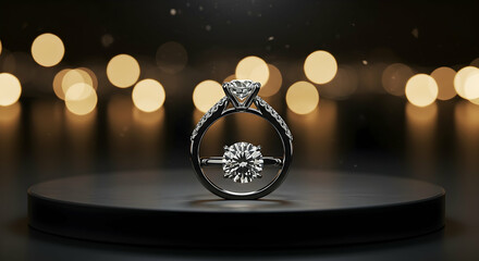 Diamond Engagement Ring on Dark Background with Bokeh Lights