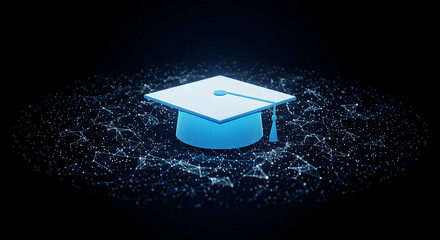 Digital Graduation Cap: Blue Isometric Icon in Dark Abstract Background