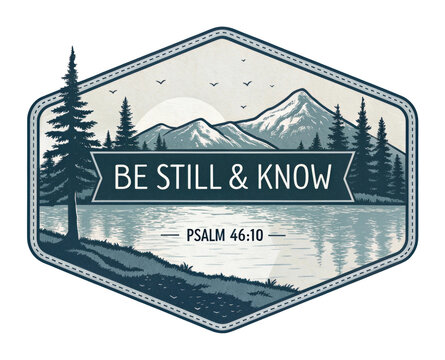 Peaceful mountain reflection serene lake inspirational natural environment calm psalm 46:10. Patch concept png