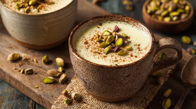 Middle Eastern Sahlab: A studio shot sweet velvety Middle Eastern drink sahlab flour cinnamon pistachios rich comforting.