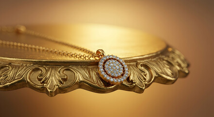 Elegant Gold Necklace with Diamond Pendant on Ornate Display