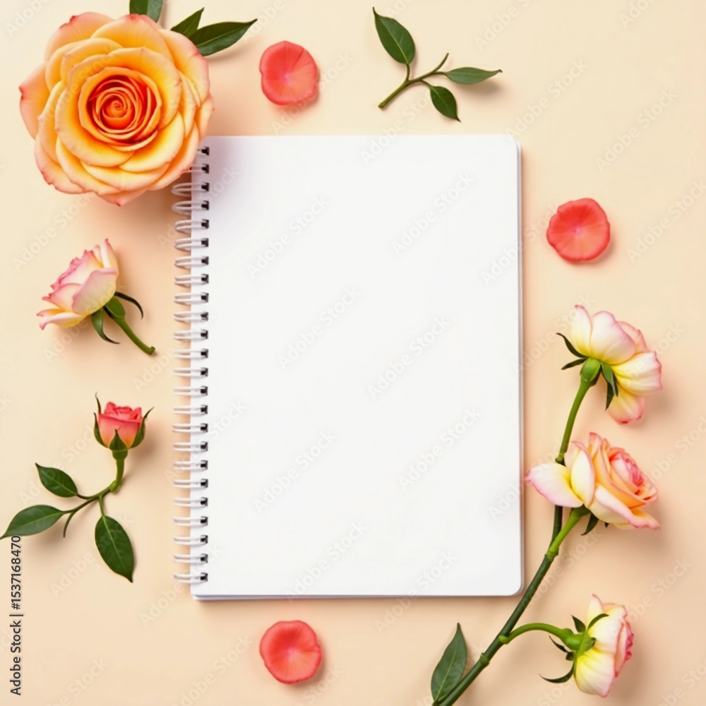 Poster a blank notepad rests on a soft surface, surrounded by vibrant roses and delicate petals. this tranq