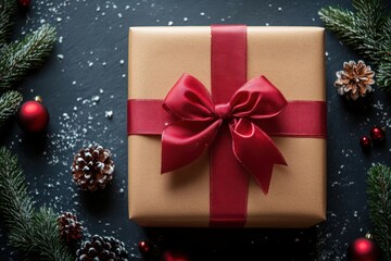Christmas Gift Box with Red Ribbon Pine Cones and Festive Decorations on Dark Background
