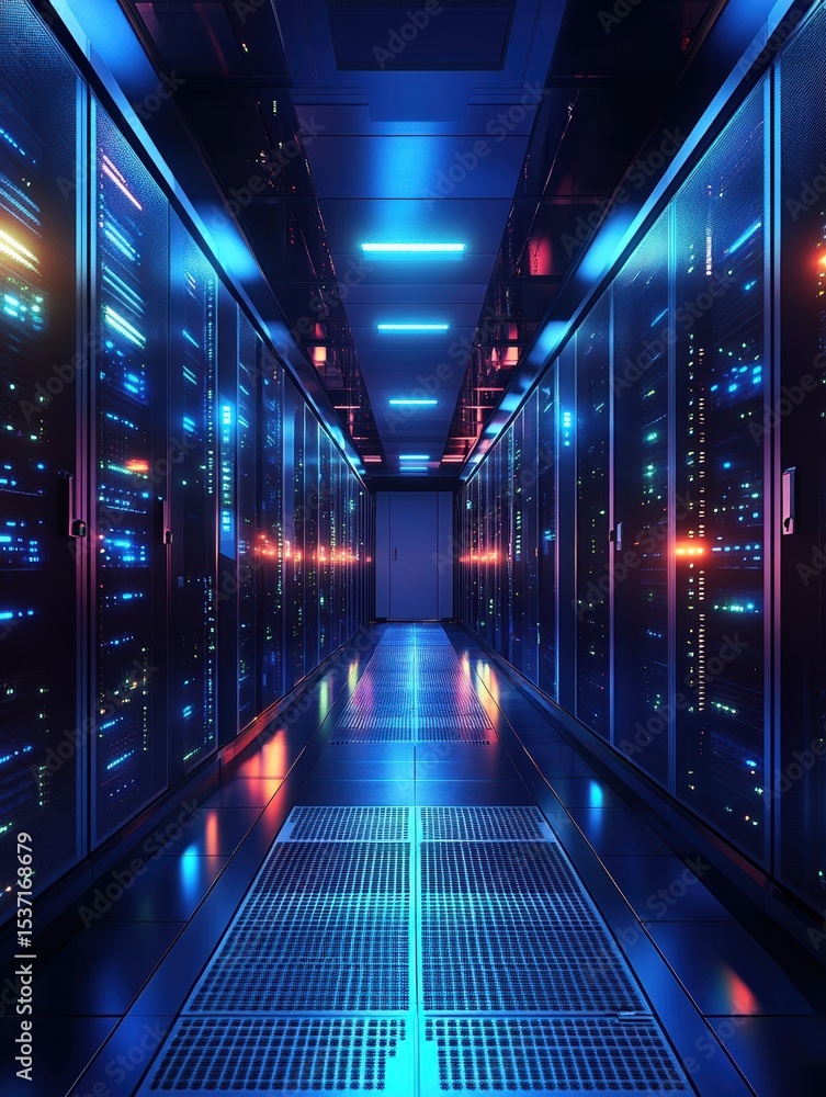 Aufkleber modern data center with illuminated server racks