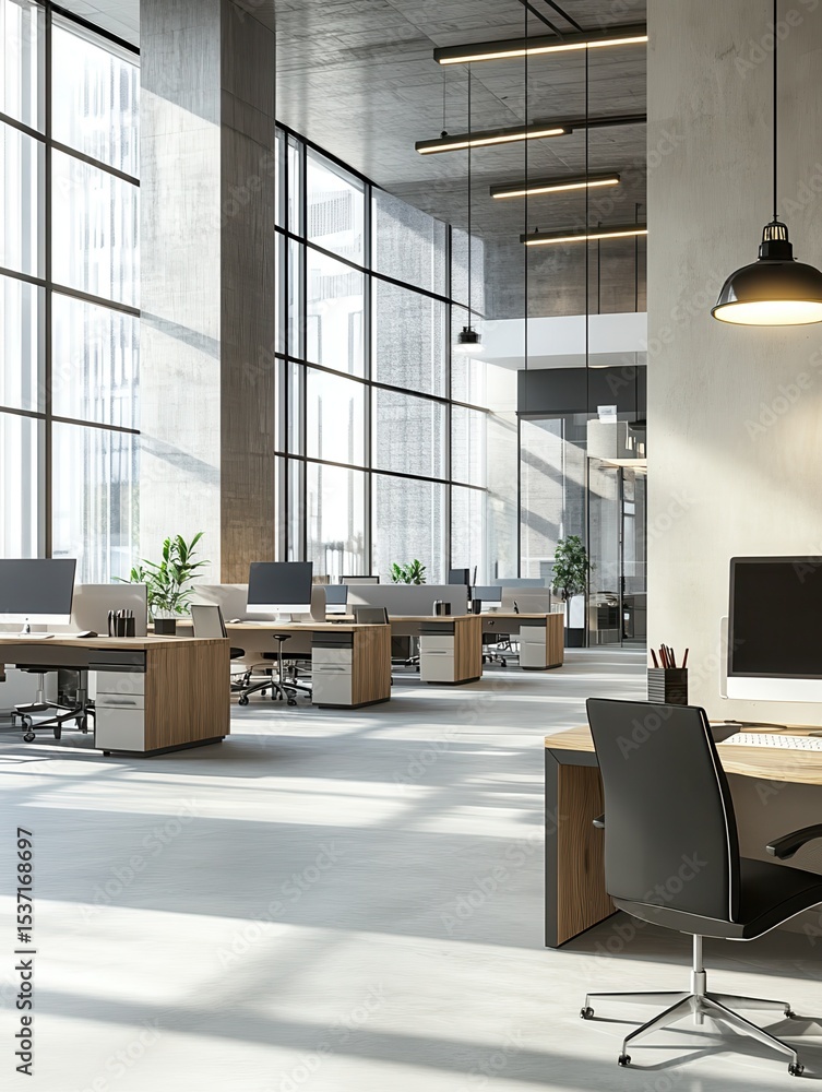Poster modern office interior with desks and computers in an open space