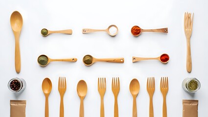 Wooden spoons and forks with various spices and herbs isolated on white background
