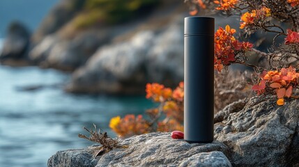 Black Vacuum Insulated Travel Mug on Rocky Seashore with Autumn Foliage