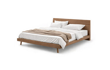 Wooden double bed with white bedding, ai generated