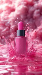 Pink Serum Bottle Splashing in Vibrant Pink Liquid Beauty Product Photography
