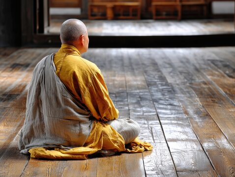 Meditation of a Buddhist monk in saffron robe in a serene monastery with natural light