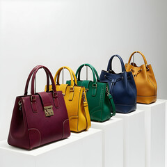 Five Leather Handbags in Assorted Colors on White Display