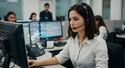 Focused Female Customer Service Agent Working at Computer in Modern Office