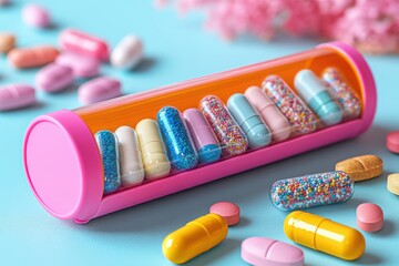 Colorful Capsules in Pink Dispenser Assorted Medicine Healthcare Pharmacy