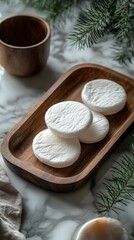 Spa Day Essentials Soft Cotton Rounds on Wooden Tray with Fir Branches