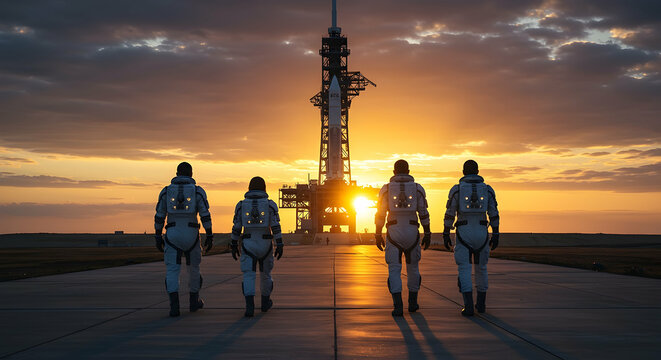 Four Astronauts Walking Towards a Rocket at Sunset