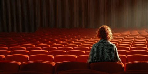 Woman sits alone in an empty theater, bathed in soft light, absorbing the atmosphere of solitude and reflection