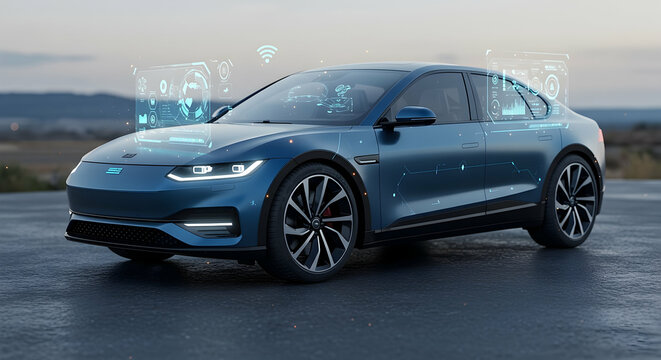 Futuristic Blue Electric Car with Digital Interface at Sunset