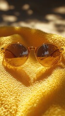 Amber Round Sunglasses Resting on Yellow Beach Towel Summer Vibes