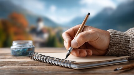 Creative writing session scenic mountains handwriting cozy environment close-up view inspiration and focus