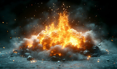 Explosive fiery orange blast erupting from a ground, with smoke and scattered debris against a dark backdrop