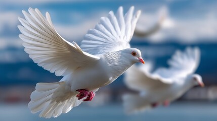 Graceful white doves in flight serene waterfront wildlife photography bright day close-up view freedom symbolism